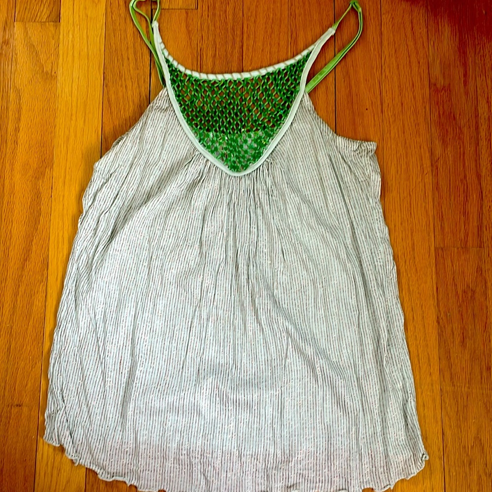 Free People tank. Copper thread stripes and cool mesh center with green sequins
